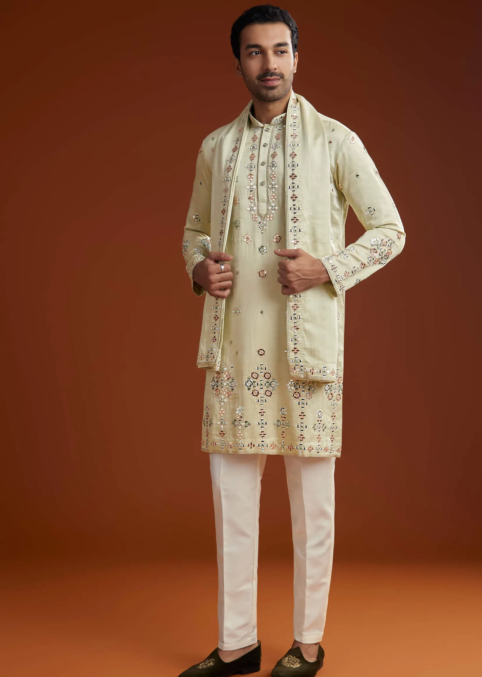 Sea Green Mirrorwork Kurta Jacket Set With Dupatta