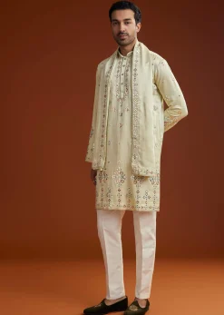 Sea Green Mirrorwork Kurta Jacket Set With Dupatta