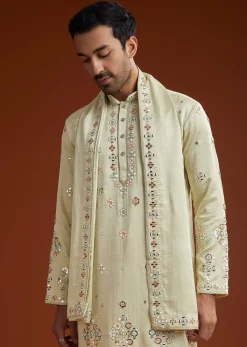 Sea Green Mirrorwork Kurta Jacket Set With Dupatta