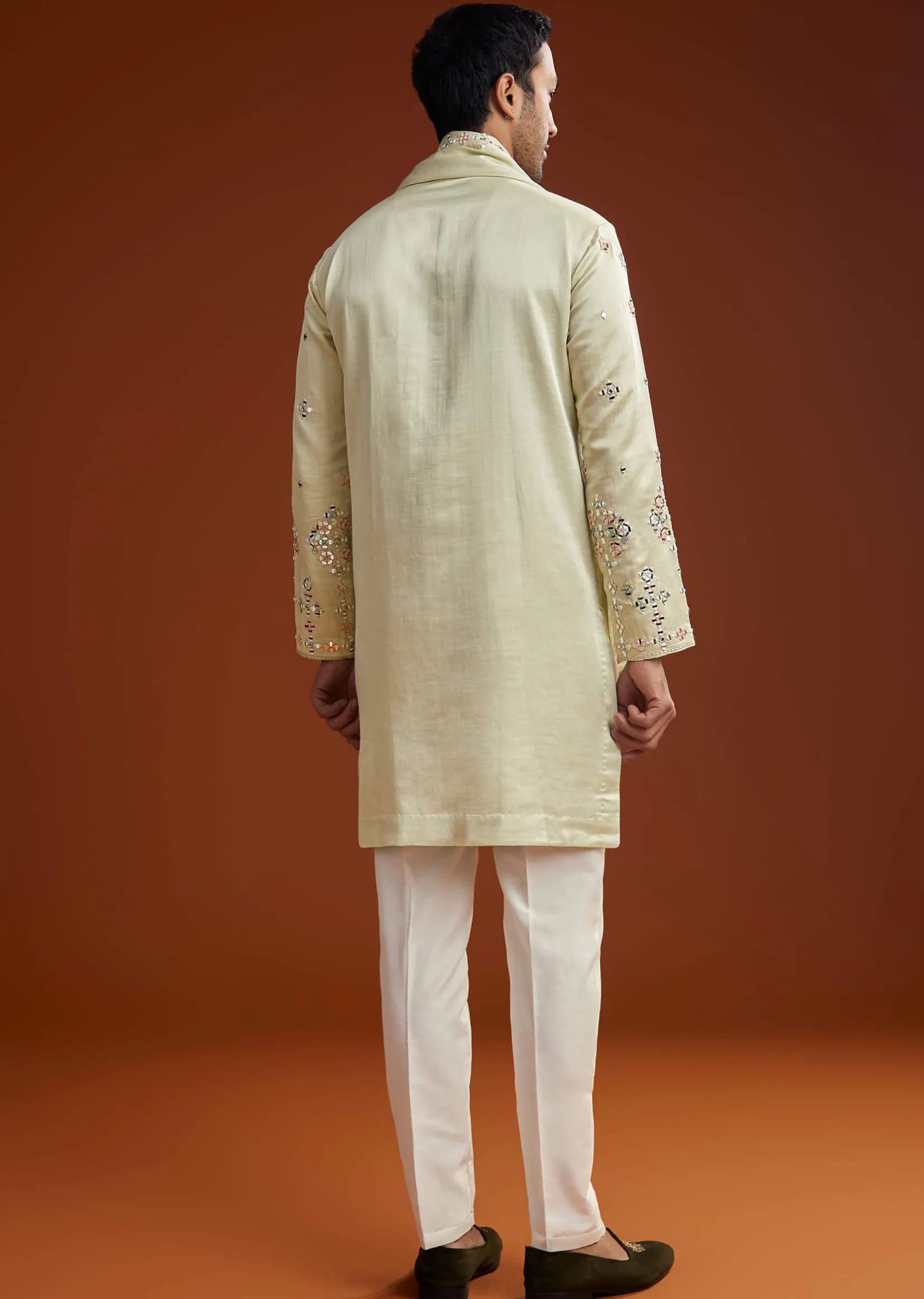 Sea Green Mirrorwork Kurta Jacket Set With Dupatta