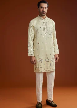 Sea Green Mirrorwork Kurta Jacket Set With Dupatta