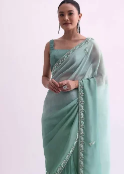 Sea Green Ombre Shaded Satin Saree With Sequin Border And Unstitched Blouse Fabric