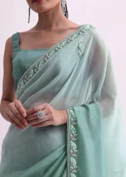 Sea Green Ombre Shaded Satin Saree With Sequin Border And Unstitched Blouse Fabric