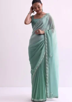 Sea Green Ombre Shaded Satin Saree With Sequin Border And Unstitched Blouse Fabric