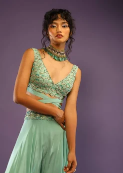 Sea Green Palazzo And Crop Top With Wrap Around Straps And Shaded Green Bead Work In Scallop Motifs