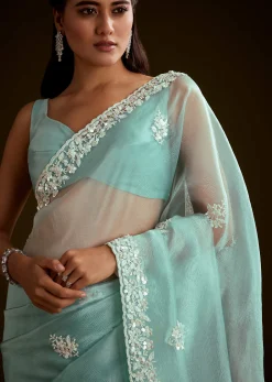 Sea Green Tissue Saree With Floral Embroidery And Scallop Border