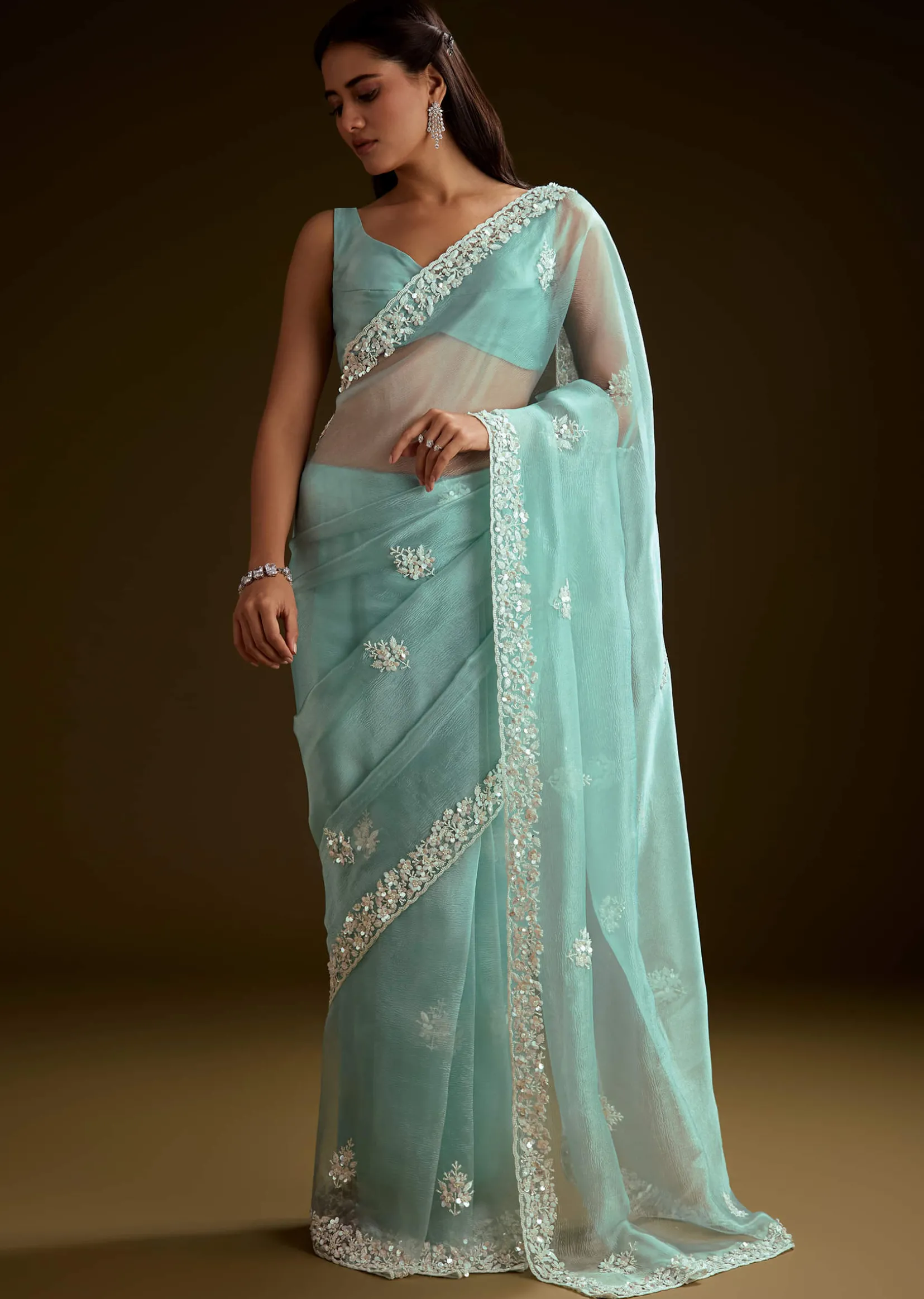 Sea Green Tissue Saree With Floral Embroidery And Scallop Border