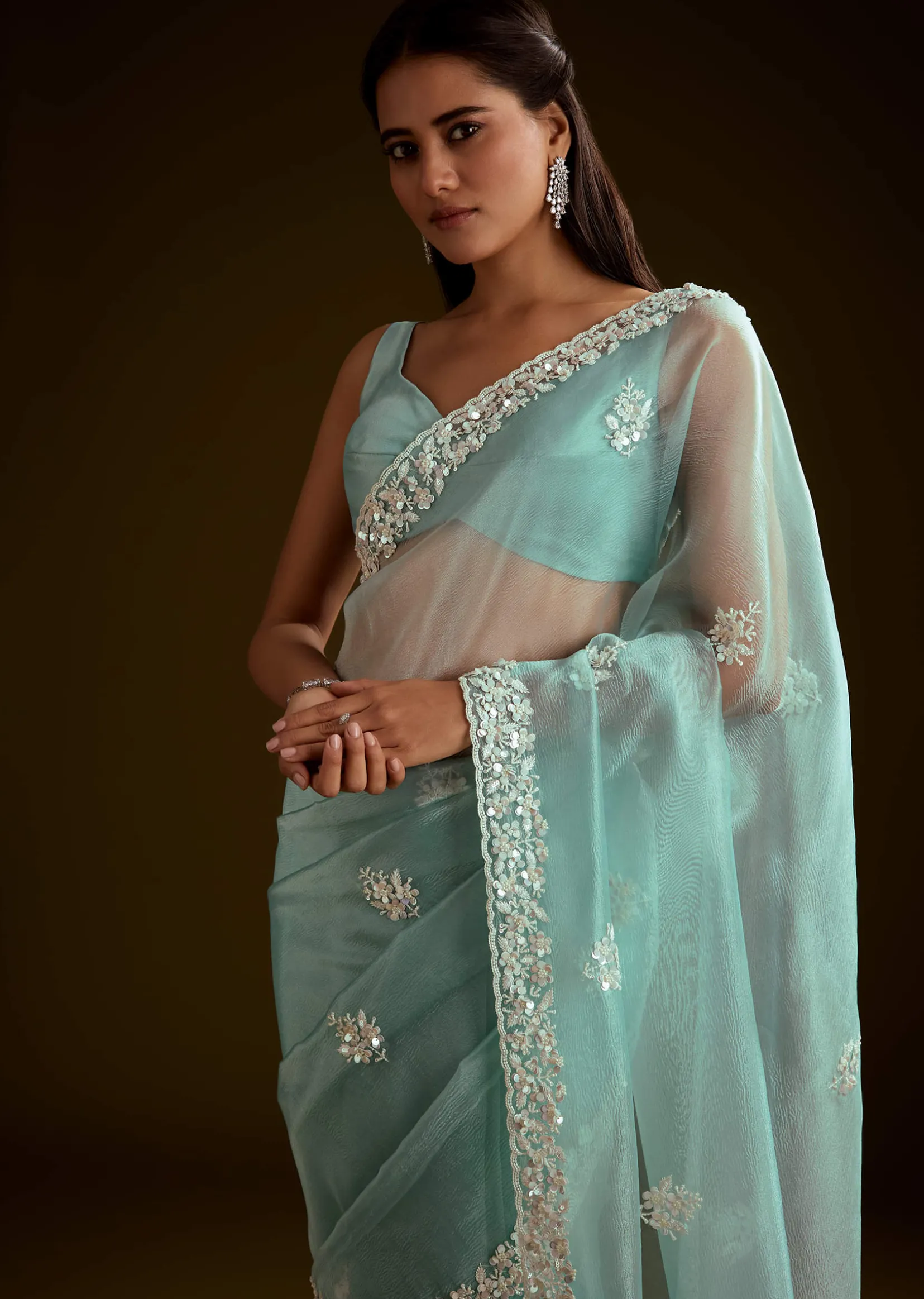Sea Green Tissue Saree With Floral Embroidery And Scallop Border