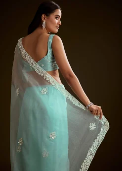 Sea Green Tissue Saree With Floral Embroidery And Scallop Border