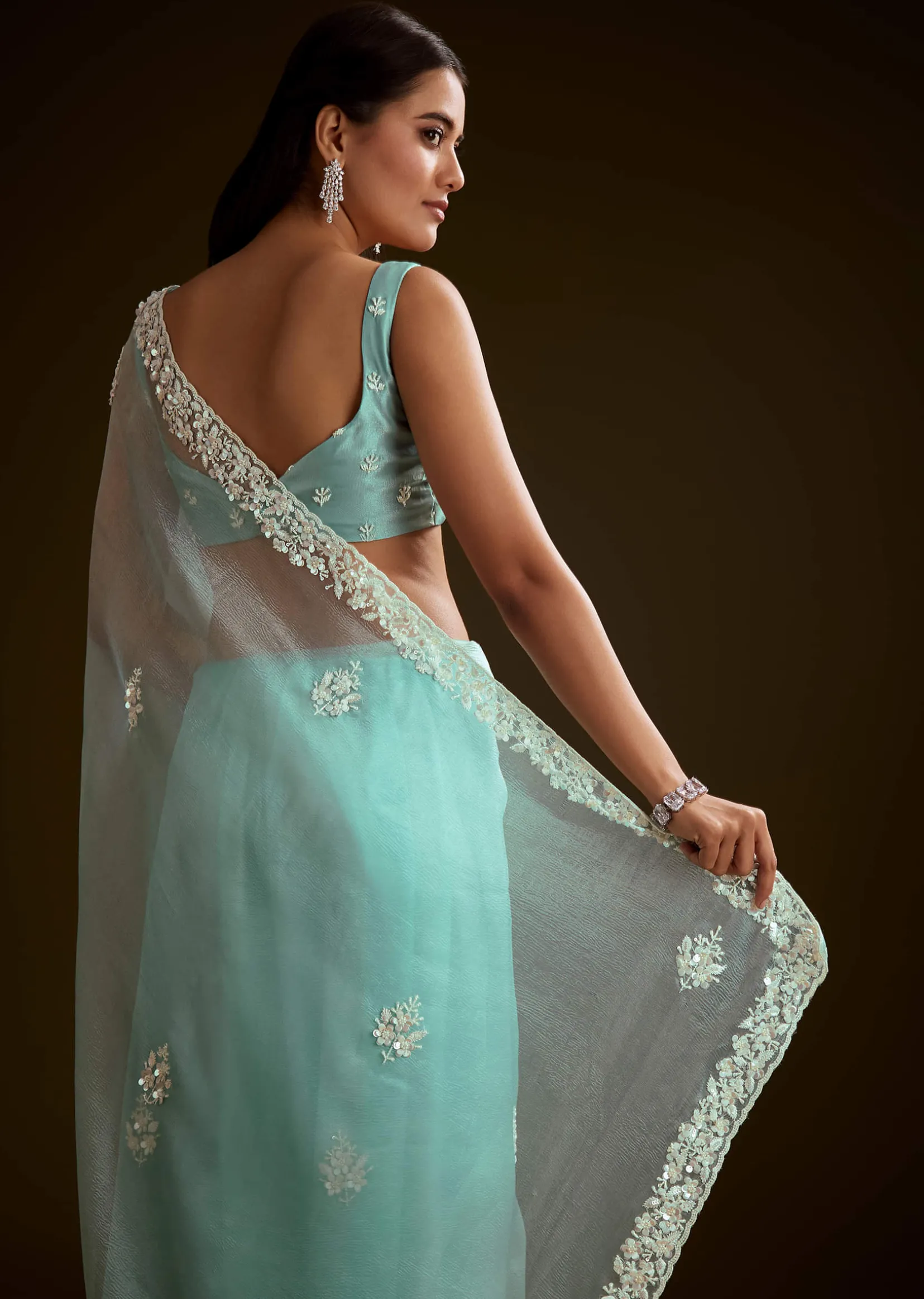 Sea Green Tissue Saree With Floral Embroidery And Scallop Border