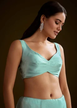 Sea Green Tissue Saree With Floral Embroidery And Scallop Border