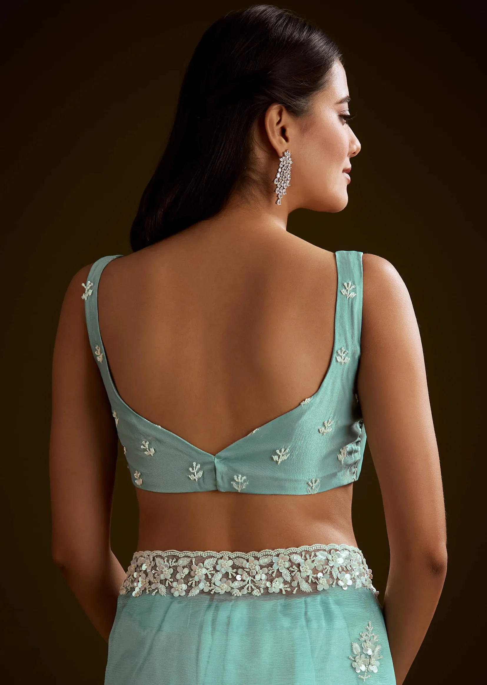 Sea Green Tissue Saree With Floral Embroidery And Scallop Border