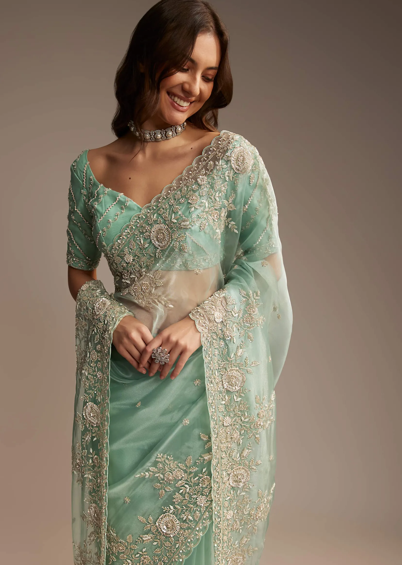 Sea Green Tissue Saree with Cutdana Embroidery