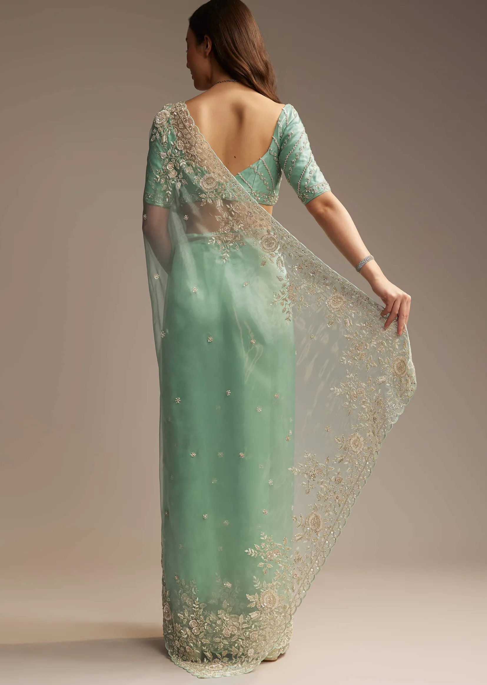 Sea Green Tissue Saree with Cutdana Embroidery