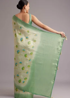 Sea Green Tissue Silk Floral Motif Saree With Contrast Pallu And Border