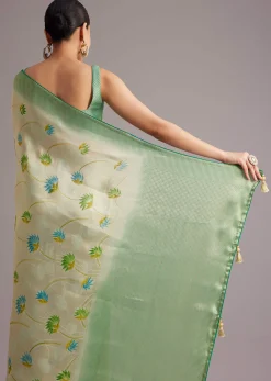 Sea Green Tissue Silk Floral Motif Saree With Contrast Pallu And Border