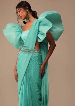 Seafoam Green Crepe Saree With Fancy Sleeves Organza Blouse