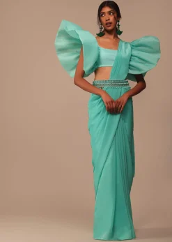 Seafoam Green Crepe Saree With Fancy Sleeves Organza Blouse