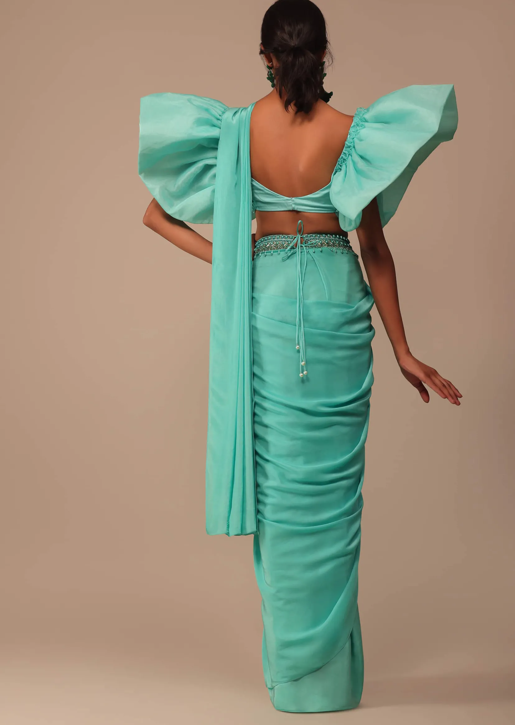 Seafoam Green Crepe Saree With Fancy Sleeves Organza Blouse