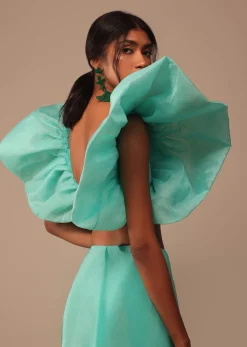 Seafoam Green Crepe Saree With Fancy Sleeves Organza Blouse