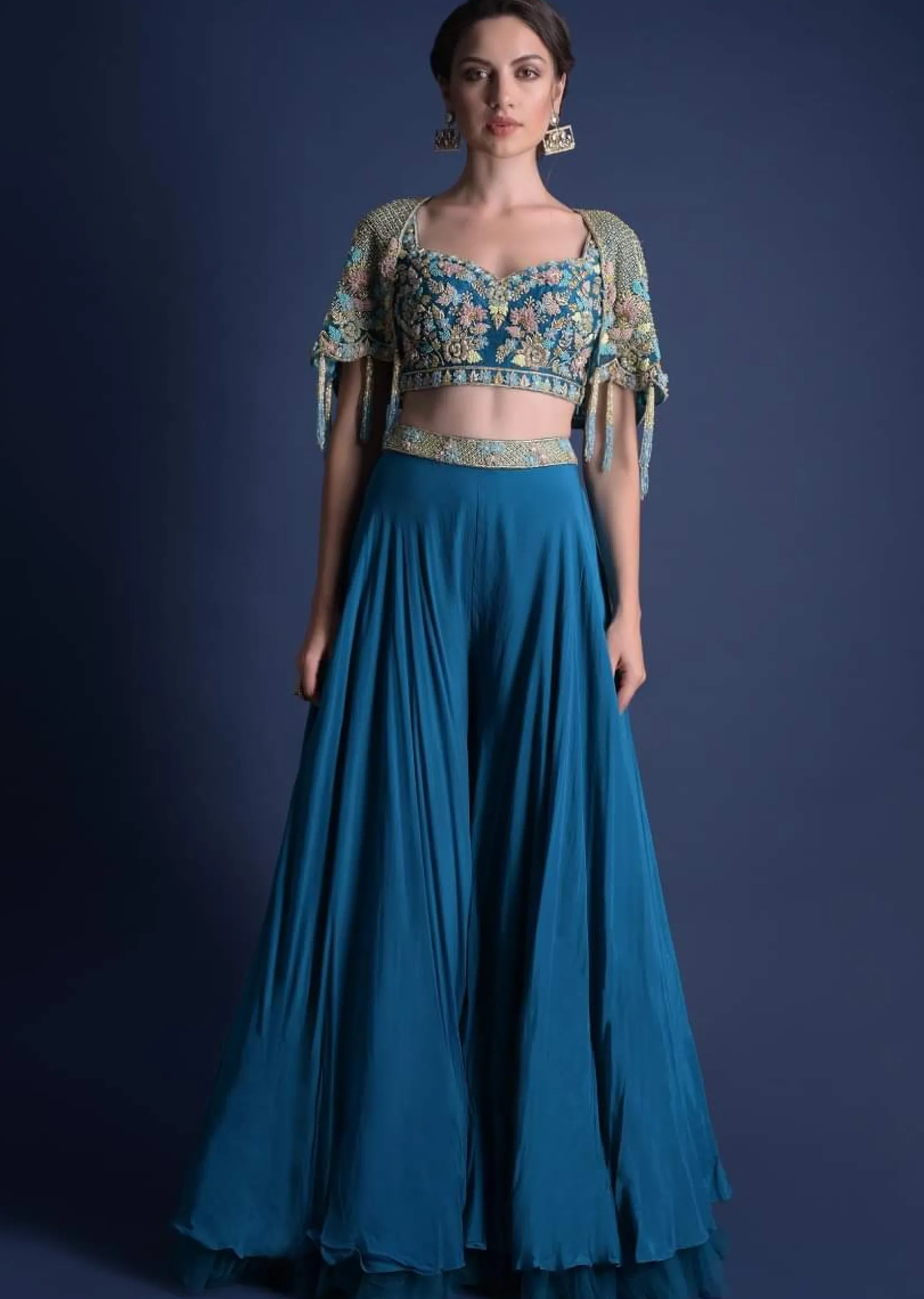 Seaside Blue Crop Top And Palazzo With Embossed Embroidery And Hand Crafted Cape