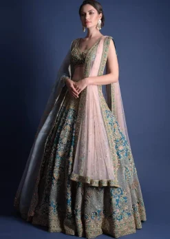 Seaside Blue Lehenga Choli With Heavy Hand Embellished Moroccan And Floral Pattern