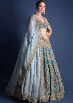 Seaside Blue Lehenga Choli With Heavy Hand Embellished Moroccan And Floral Pattern