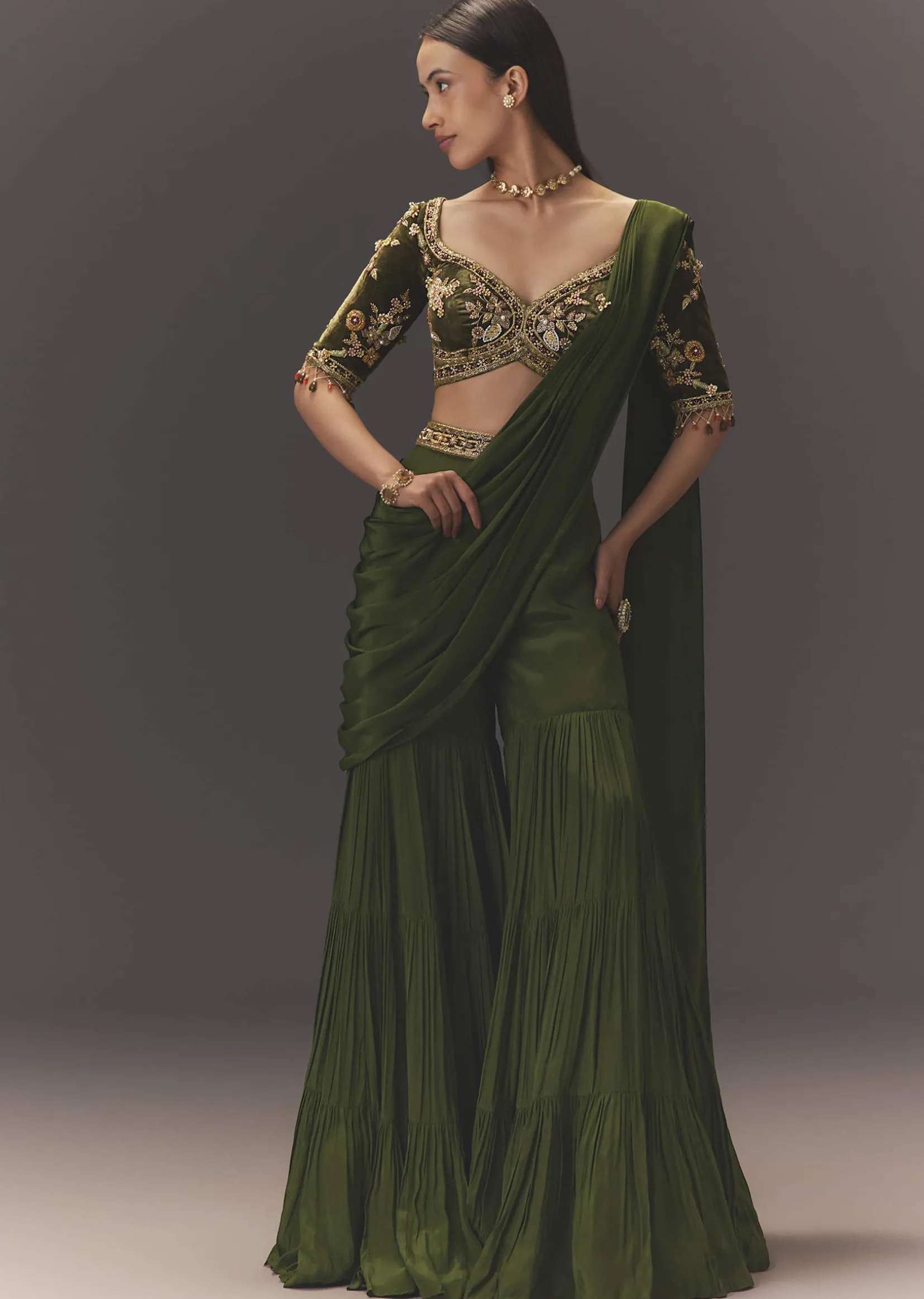 Seaweed Green Hand Embroidered Drape Pallu Style Sharara Set