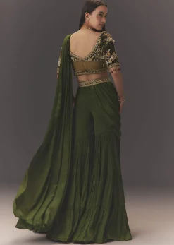 Seaweed Green Hand Embroidered Drape Pallu Style Sharara Set