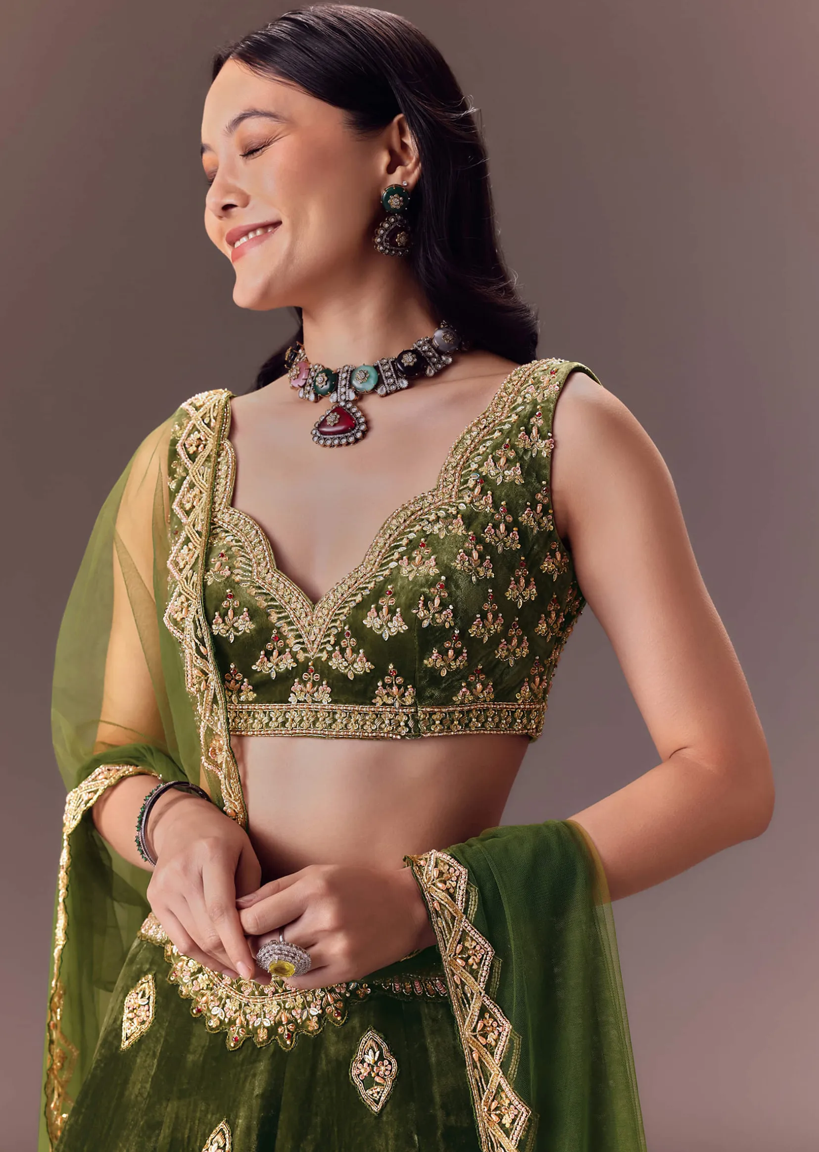 Seaweed Green Velvet Lehenga Set With Hand Work