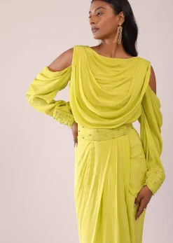 Sheen Green Cowl Top And Drape Skirt In Crepe