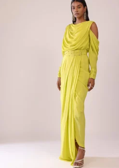 Sheen Green Cowl Top And Drape Skirt In Crepe