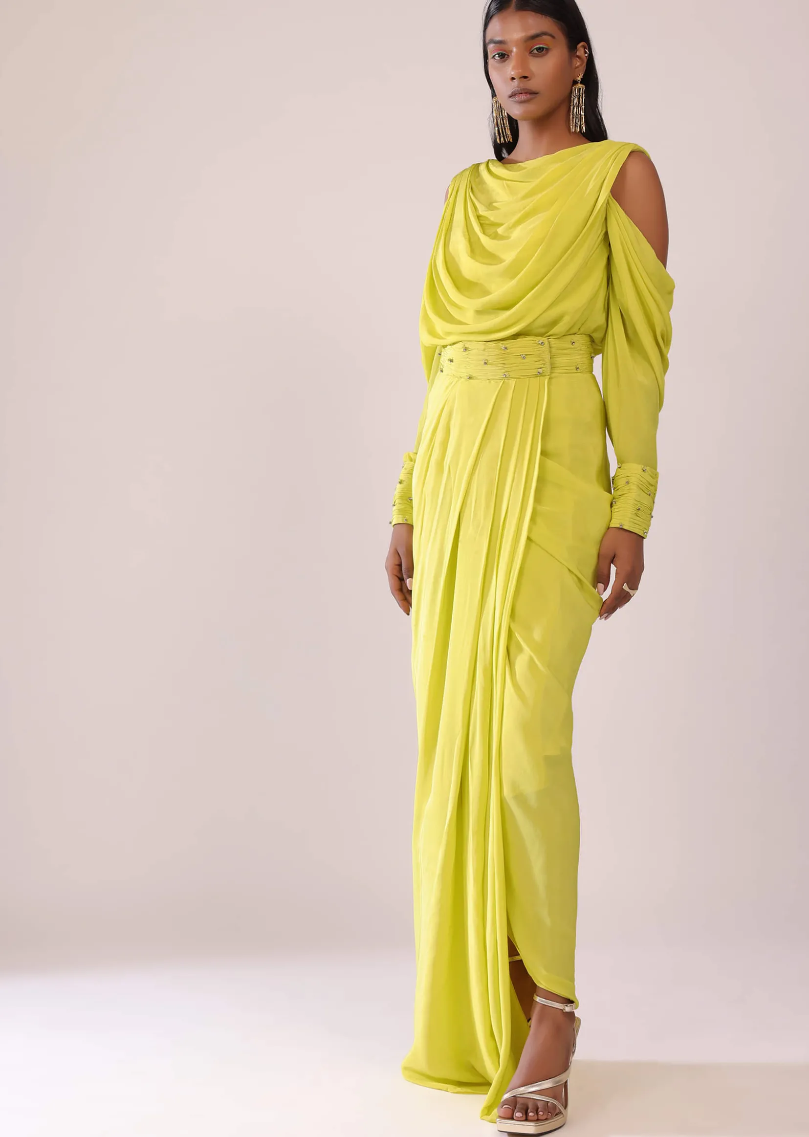 Sheen Green Cowl Top And Drape Skirt In Crepe