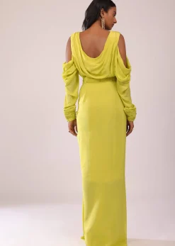 Sheen Green Cowl Top And Drape Skirt In Crepe