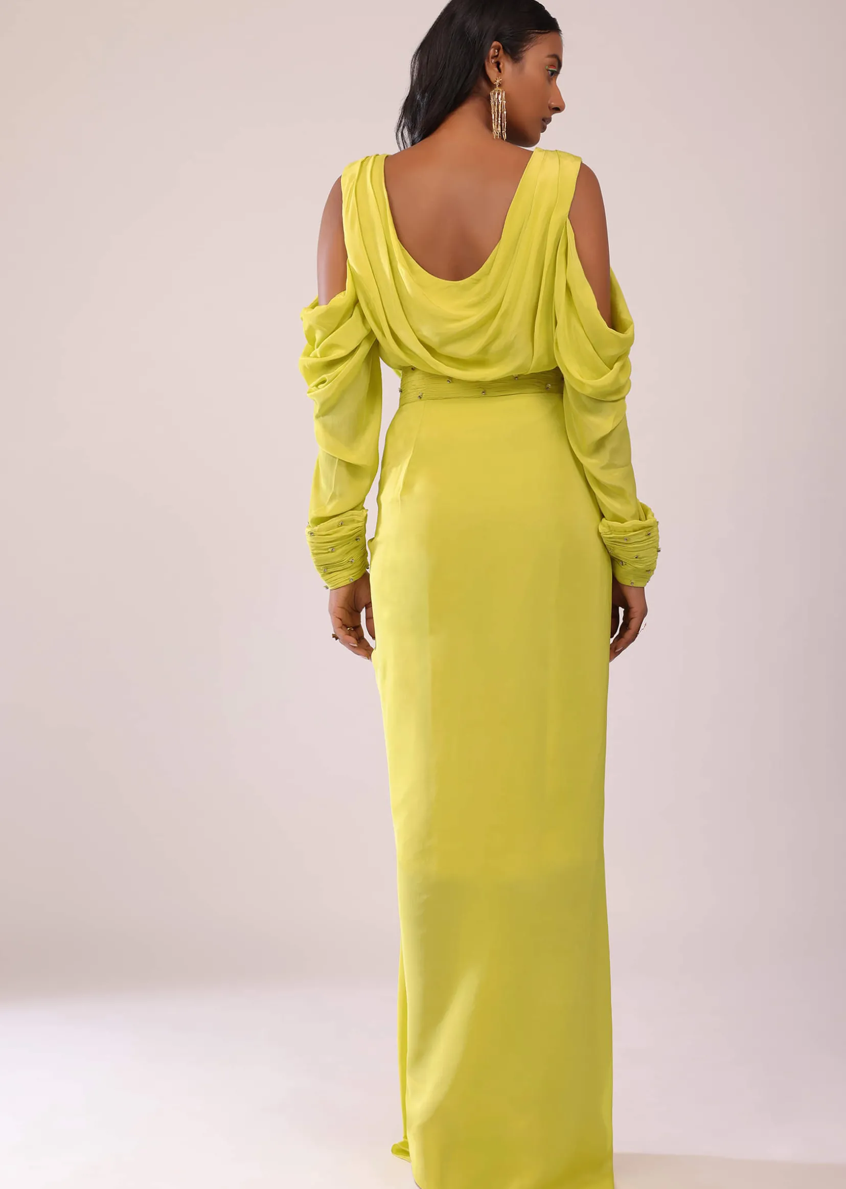 Sheen Green Cowl Top And Drape Skirt In Crepe