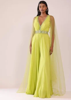 Sheen Green Crepe Jumpsuit And Net Shrug With A Crystal Bead Embroidered Belt