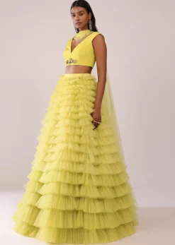 Sheen Green Frill Net Lehenga, Blouse, And Choker Set With Embroidery