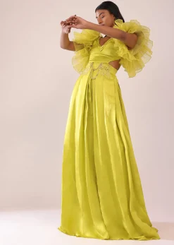 Sheen Green Jumpsuit With Ruffle Sleeves In Viscos Linen And Satin