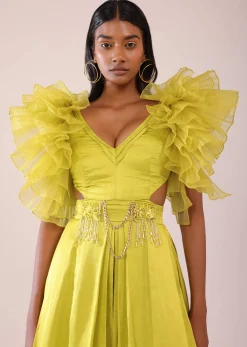 Sheen Green Jumpsuit With Ruffle Sleeves In Viscos Linen And Satin