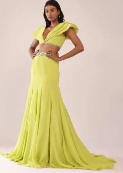 Sheen Green Paneled Lengha And Blouse With Elaborated Sleeves In Crepe