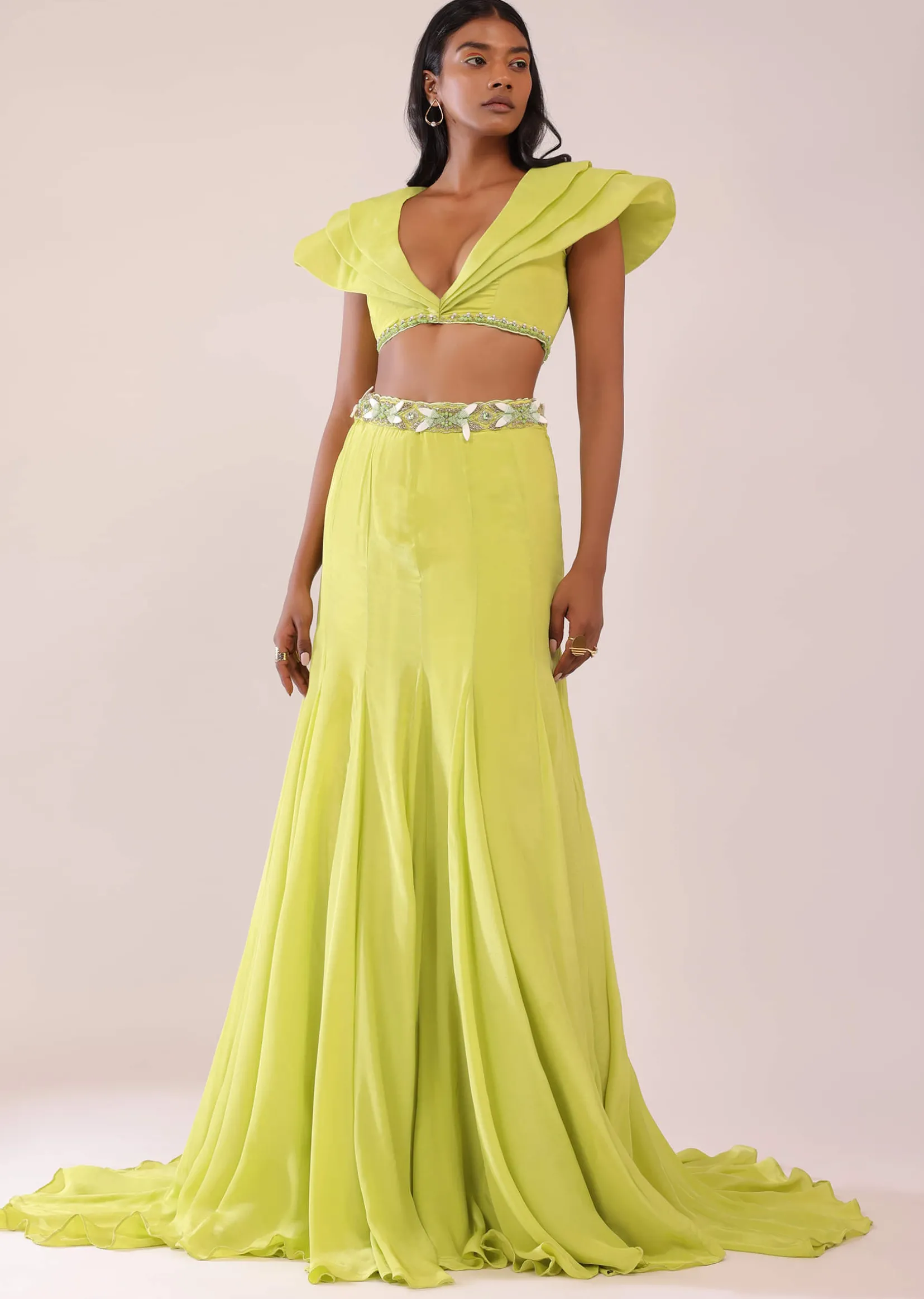 Sheen Green Paneled Lengha And Blouse With Elaborated Sleeves In Crepe