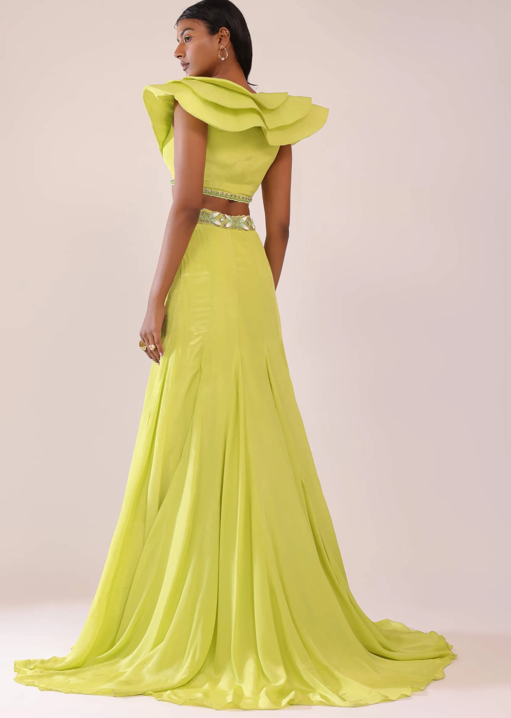 Sheen Green Paneled Lengha And Blouse With Elaborated Sleeves In Crepe