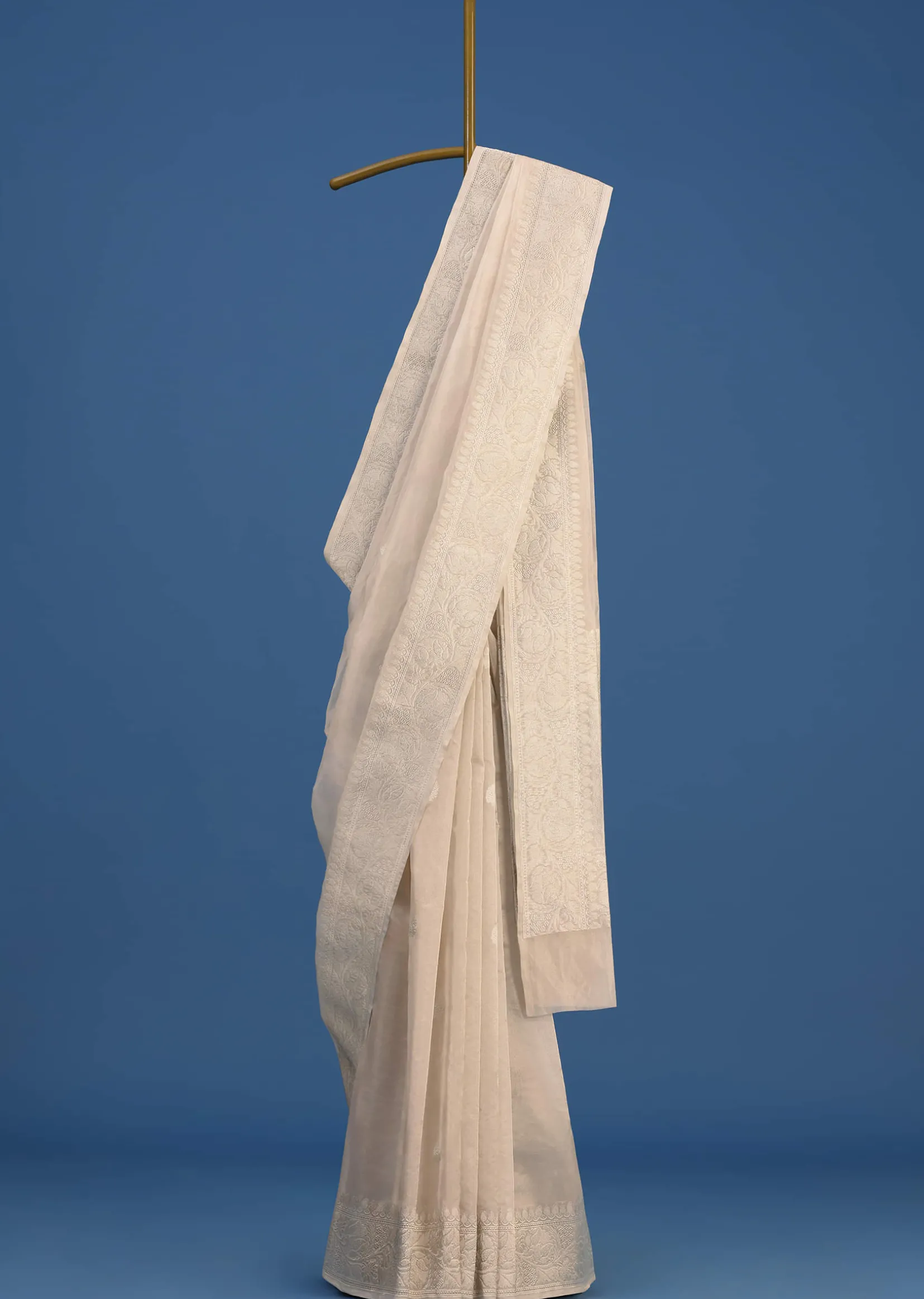 Silver Banarasi Tissue Silk Saree With Zari Weave