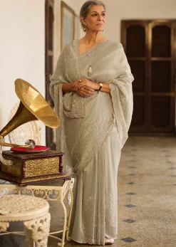 Silver Beige Tissue Sequins Saree With Cutdana Detailing