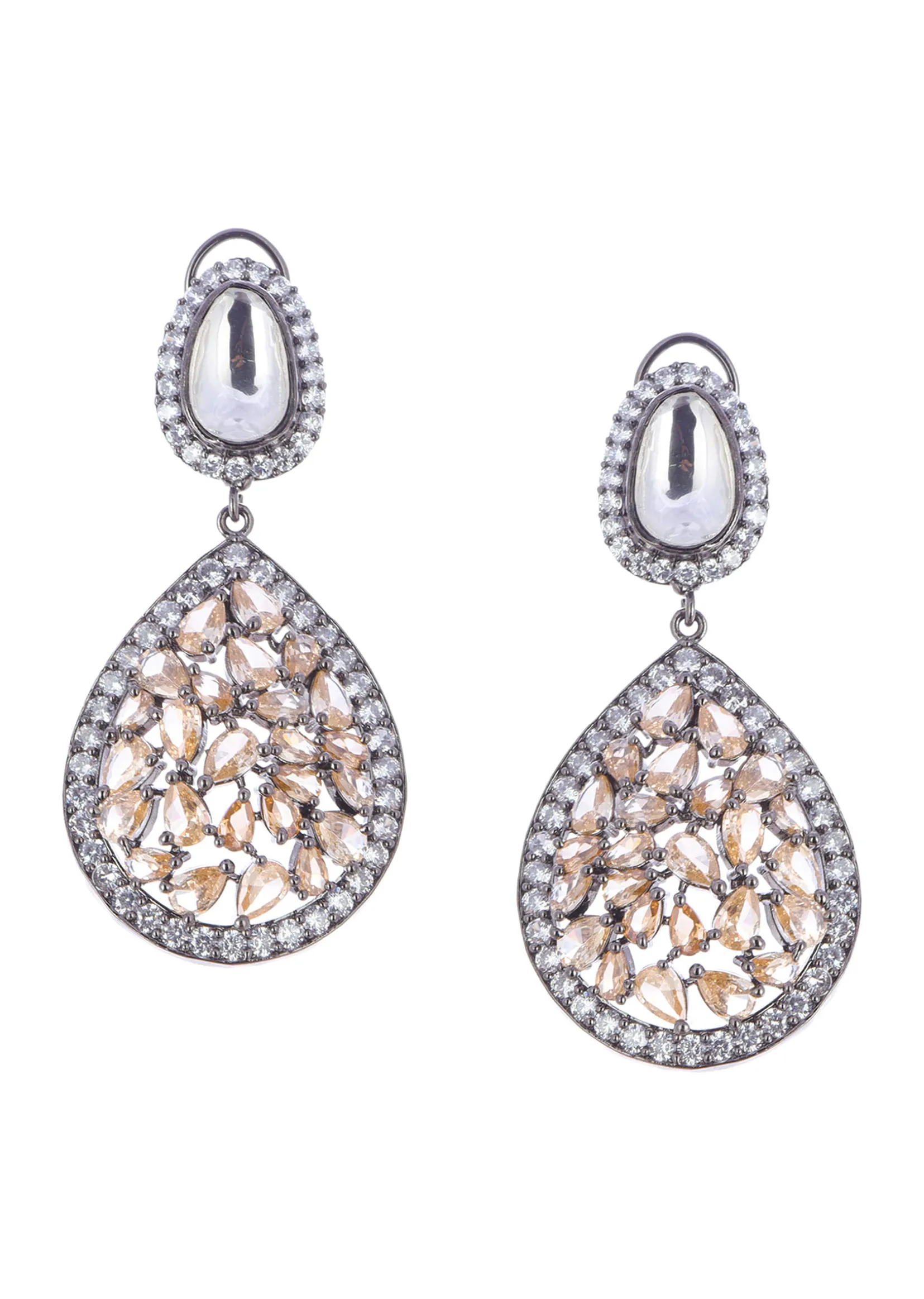 Silver Diamond Dangler Earrings With Champagne Stones In Mix Metal