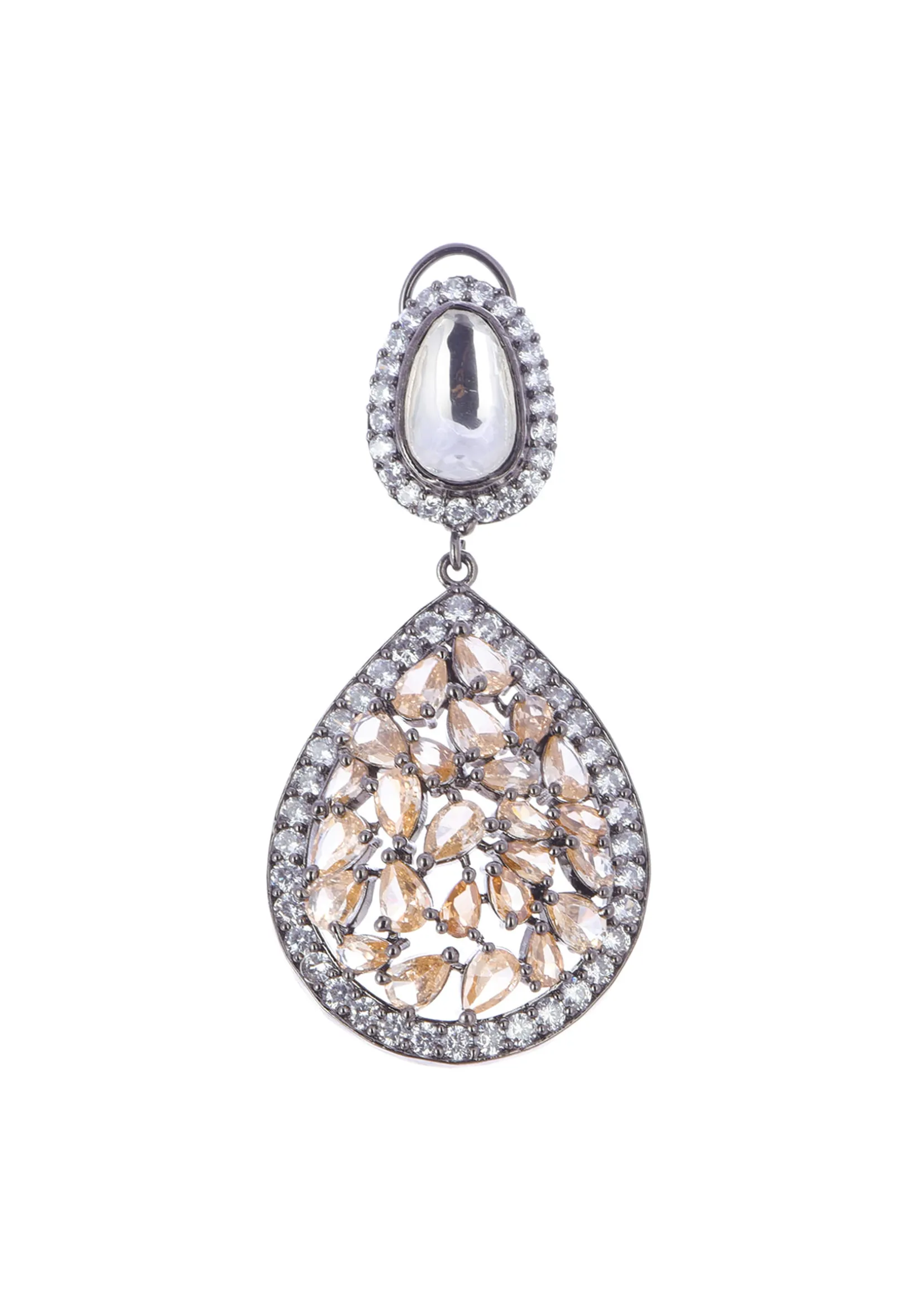 Silver Diamond Dangler Earrings With Champagne Stones In Mix Metal