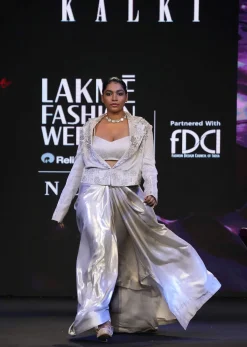 Silver Draping Skirt And Bustier With Embroidered Jacket