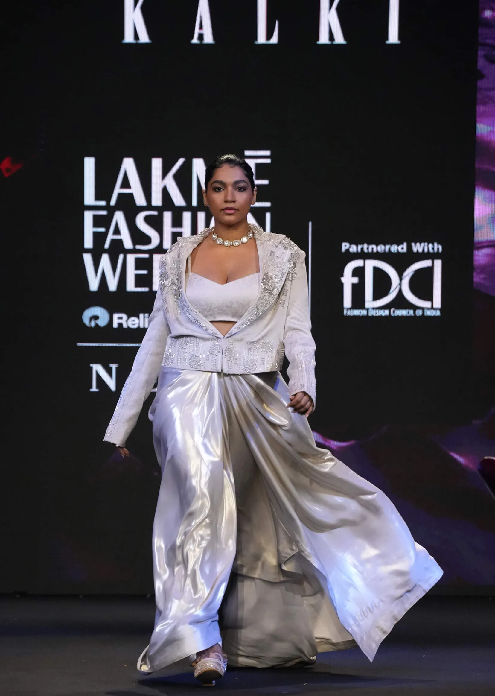 Silver Draping Skirt And Bustier With Embroidered Jacket