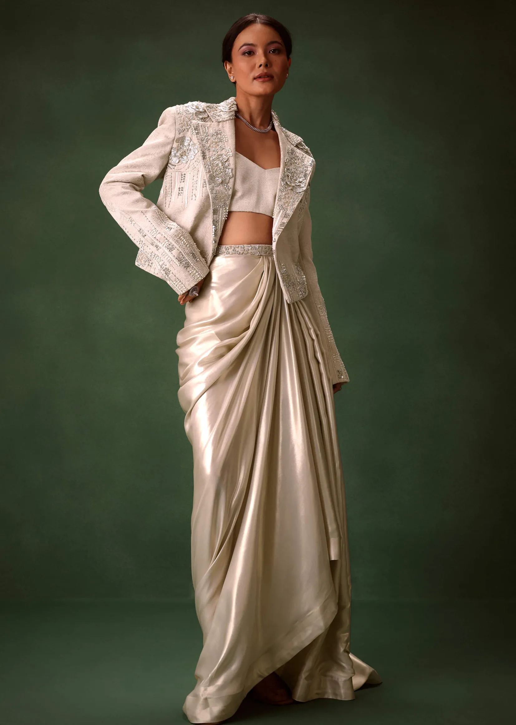 Silver Draping Skirt And Bustier With Embroidered Jacket