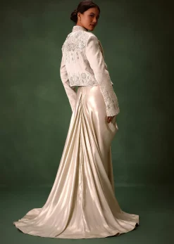 Silver Draping Skirt And Bustier With Embroidered Jacket